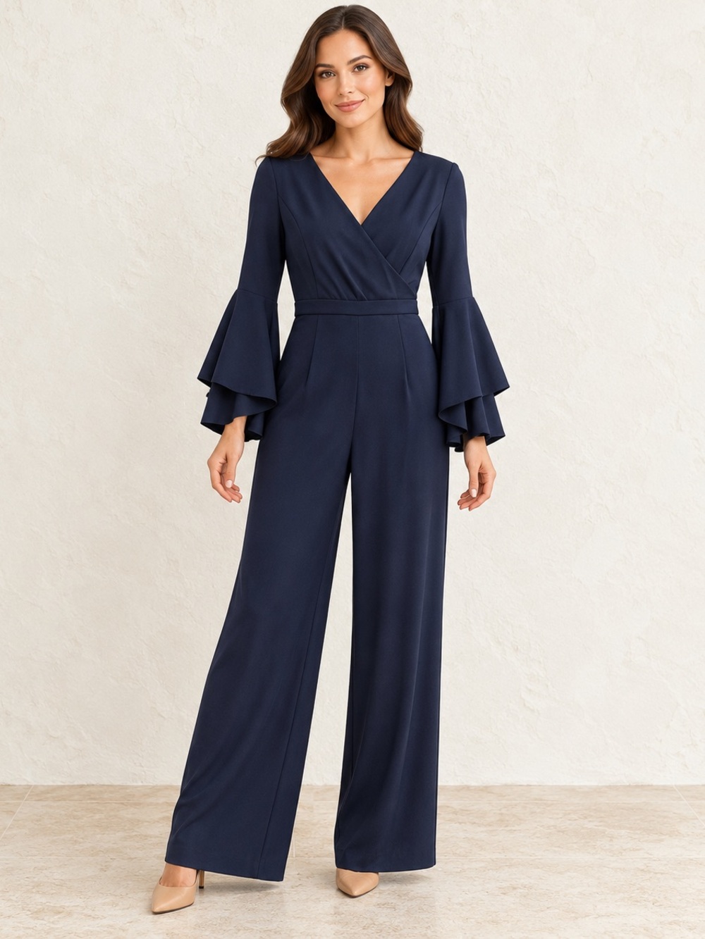 Lauren Ralph Lauren Navy Bell Sleeve Wide Leg Jumpsuit 6 Wedding Guest